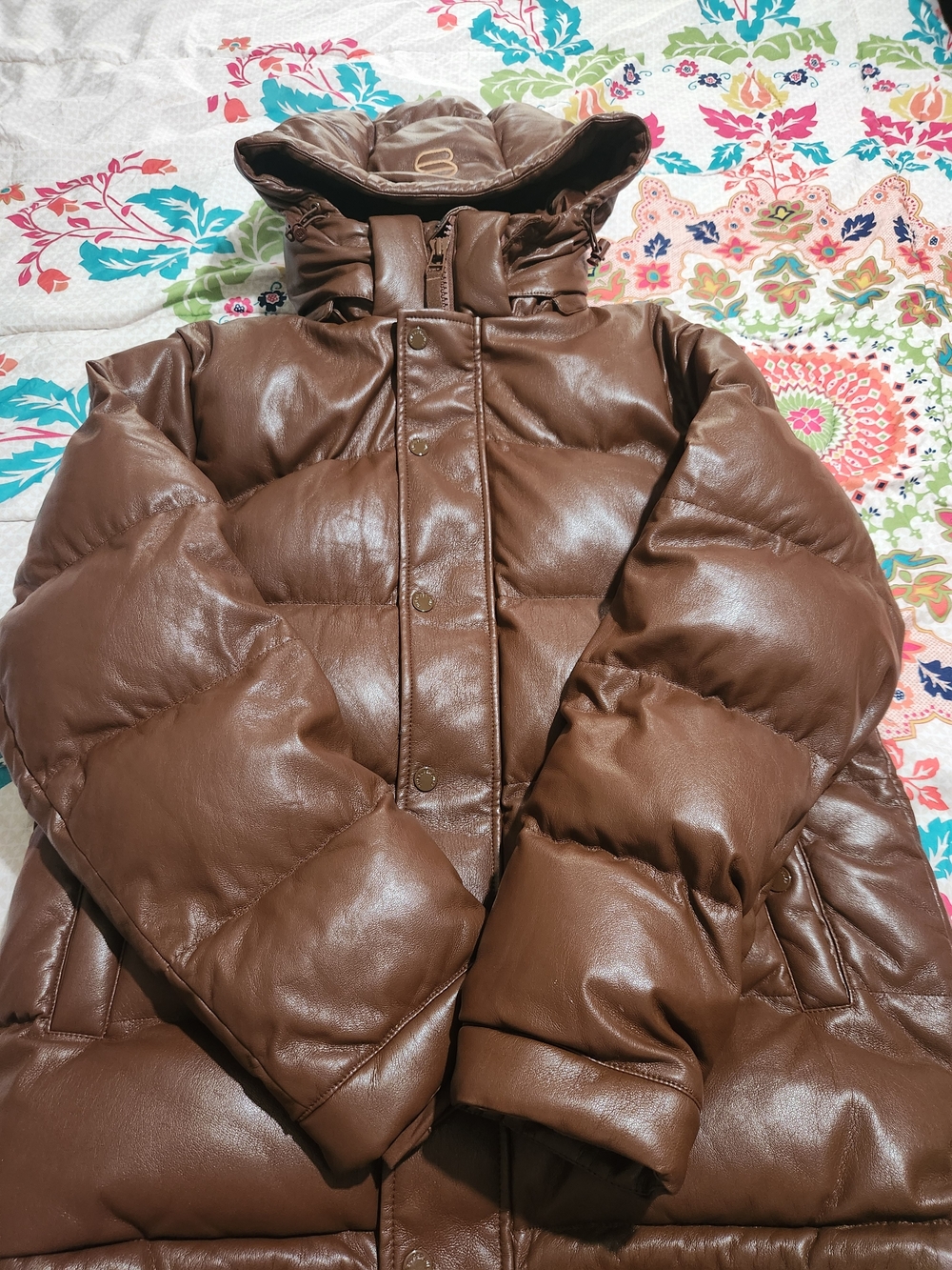 Aritzia The Super Puff Brown Quilted Faux-Leather Puffer Coat with Hood